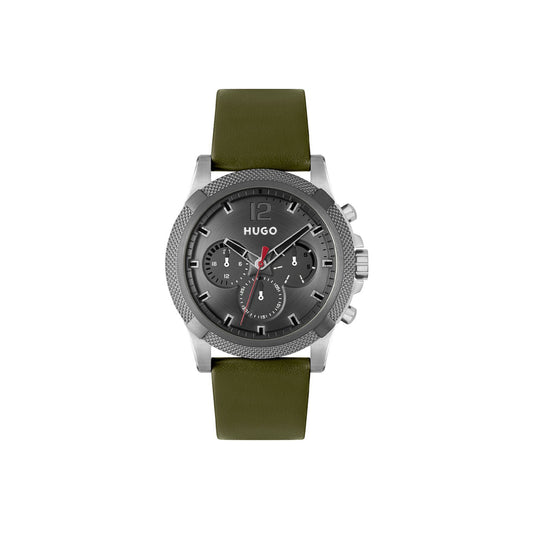 Hugo Watch Quartz movement in a Round case with Green Leather Strap and Grey Dial