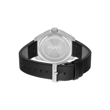 Hugo Watch Quartz movement in a Round case with Black Leather Strap and Black Dial