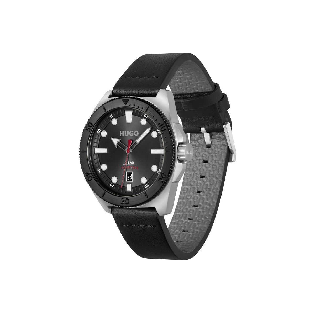 Hugo Watch Quartz movement in a Round case with Black Leather Strap and Black Dial