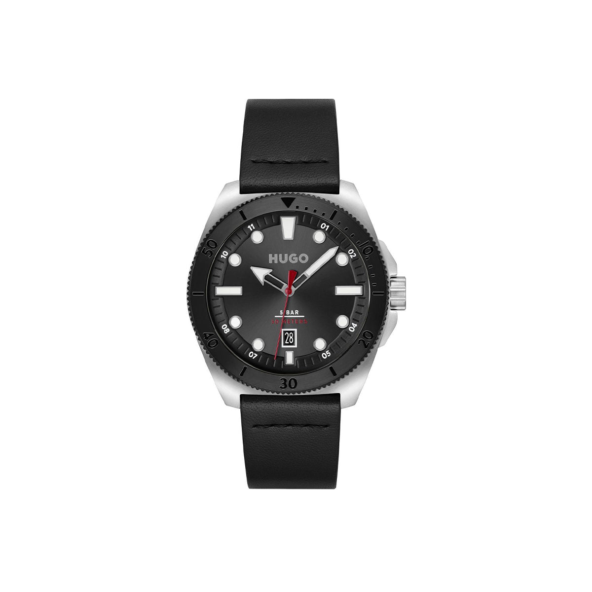 Hugo Watch Quartz movement in a Round case with Black Leather Strap and Black Dial