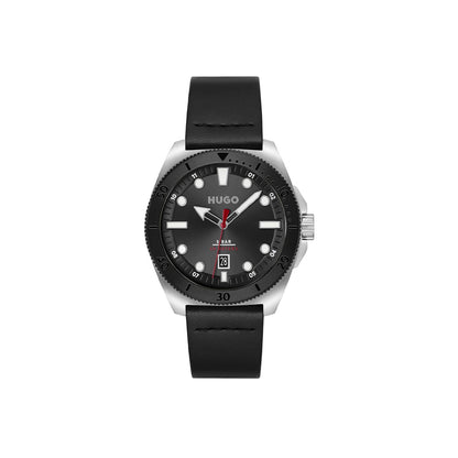 Hugo Watch Quartz movement in a Round case with Black Leather Strap and Black Dial