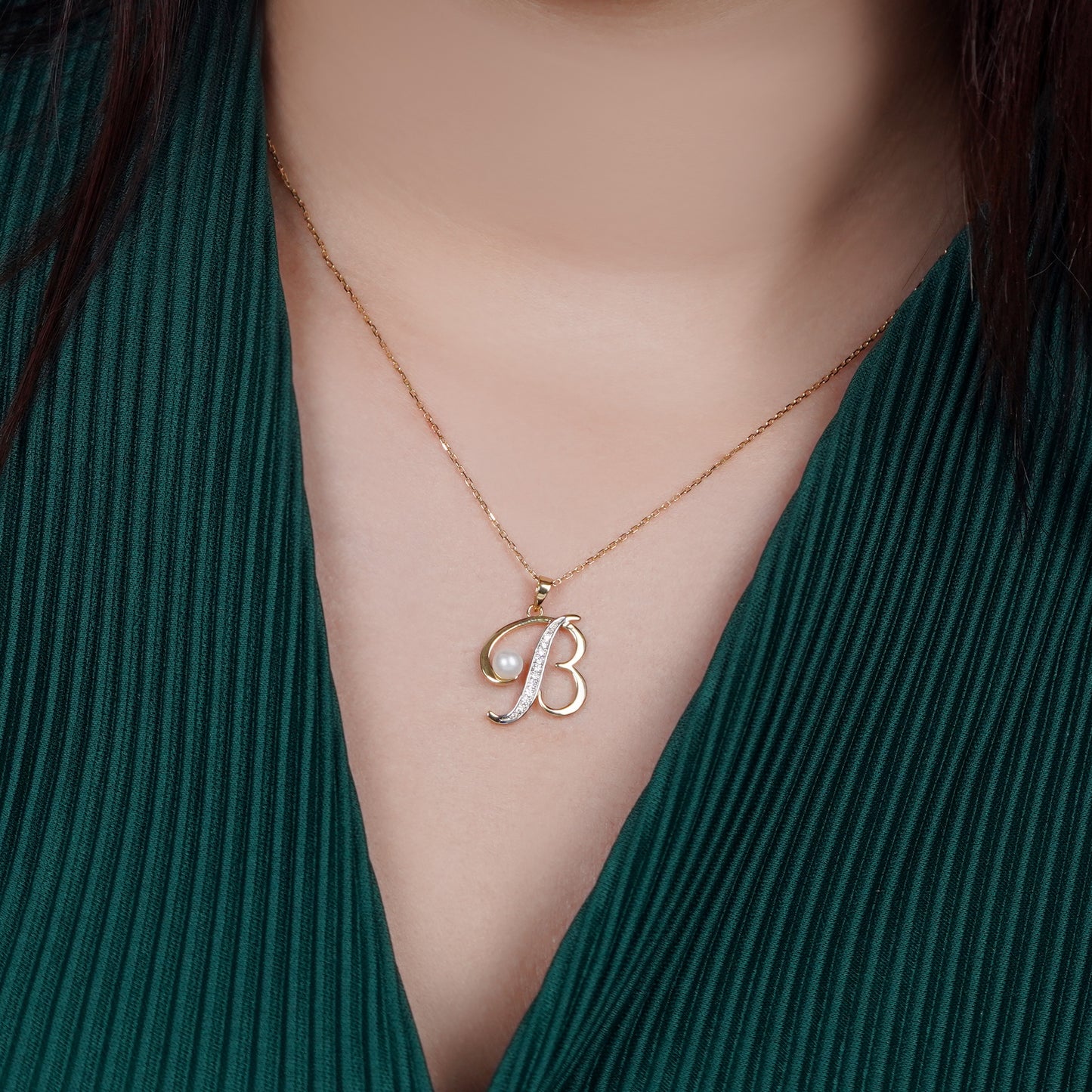 18k Yellow Gold 'B' Letter Necklace With Natural Diamond and Pearl