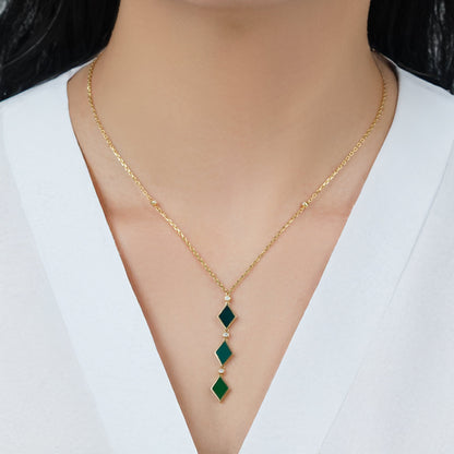 18k yellow gold necklace decorated with green enamel color and natural diamond stones