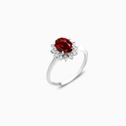 18k White gold Ring Decorated with Natural Red Garnet on the Top Surrounded by Round Brilliant Natural Diamond | Diana Collection