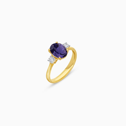 18k Yellow Gold Colour Classic Ring Featuring Iolite and Natural Diamonds – A Stunning Statement Piece