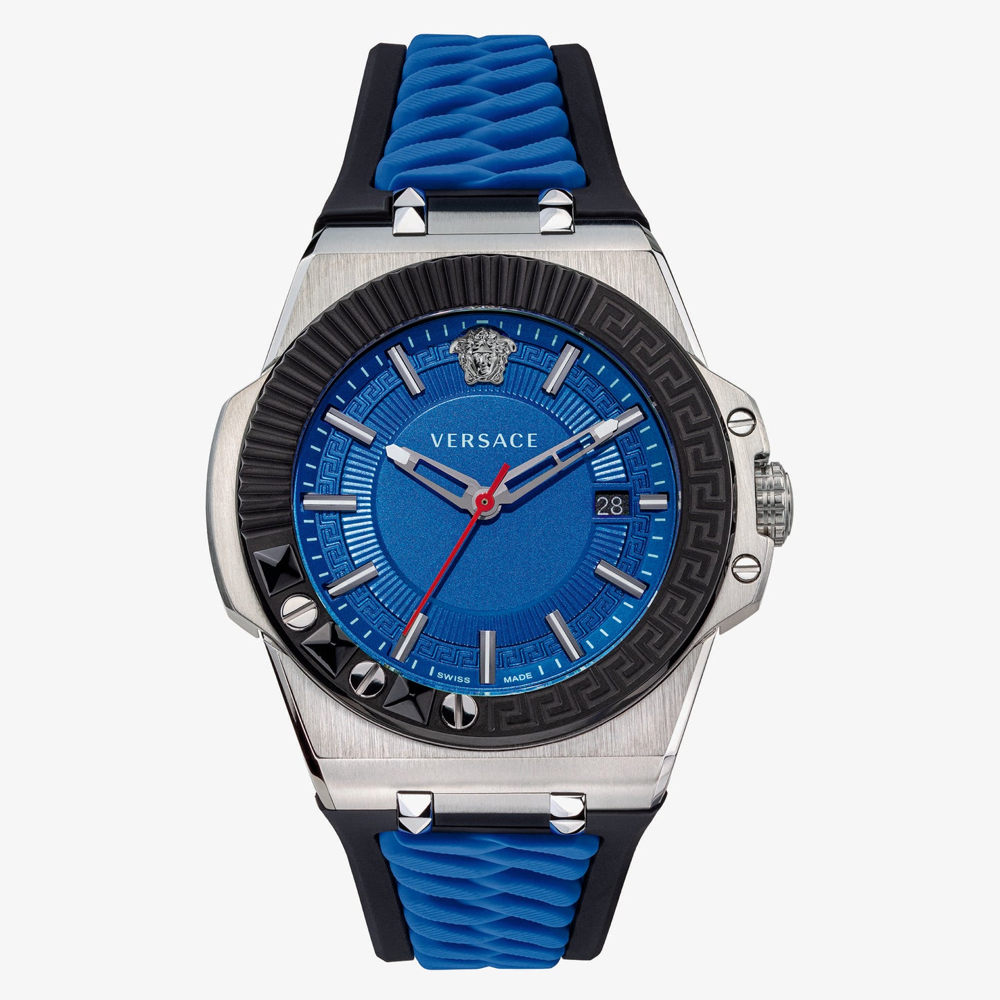 VERSACE WATCH CHAIN REAC.D/BLU S/BLU STEEL  IPBLACK TOP RING+GRECA&T