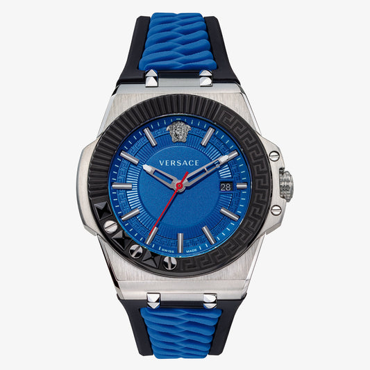 VERSACE WATCH CHAIN REAC.D/BLU S/BLU STEEL  IPBLACK TOP RING+GRECA&T