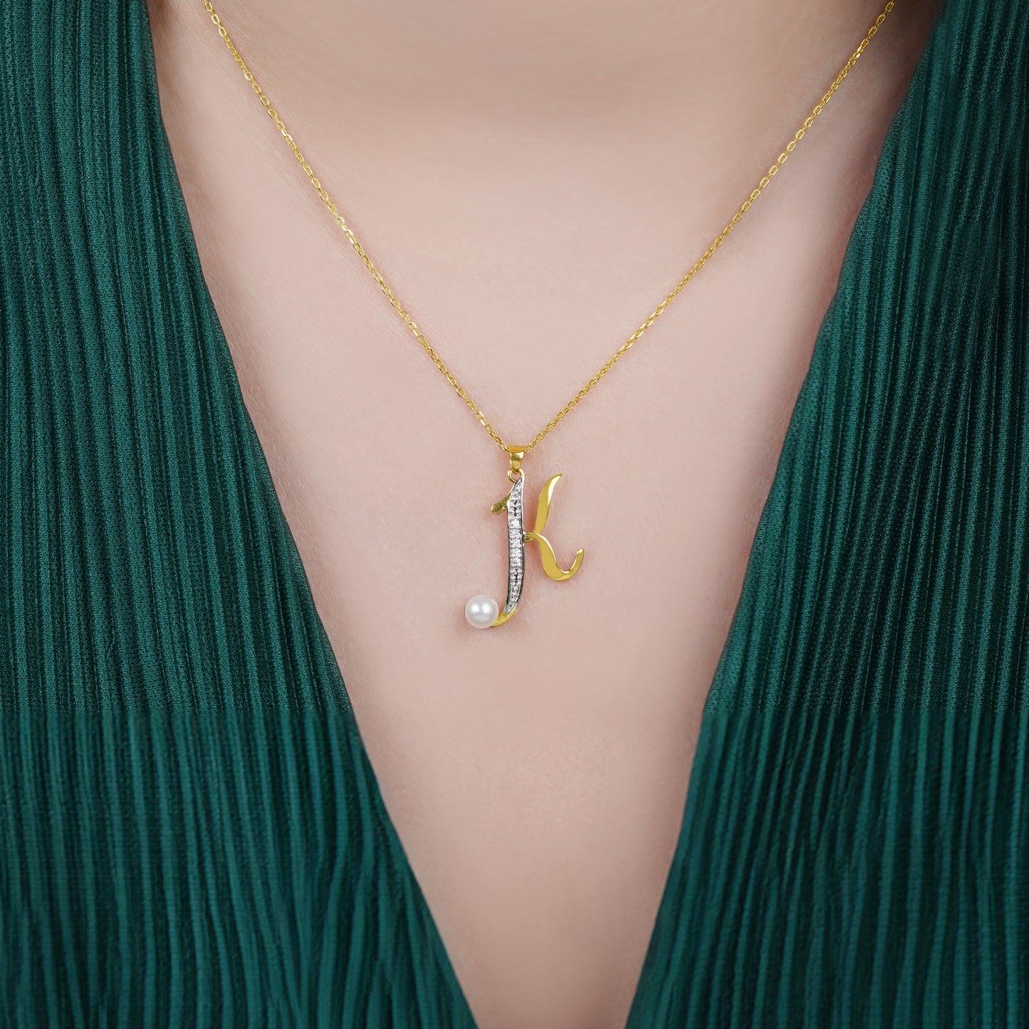 18k Yellow Gold "K" Pendant with Diamonds & Pearl | Alpha Collection
