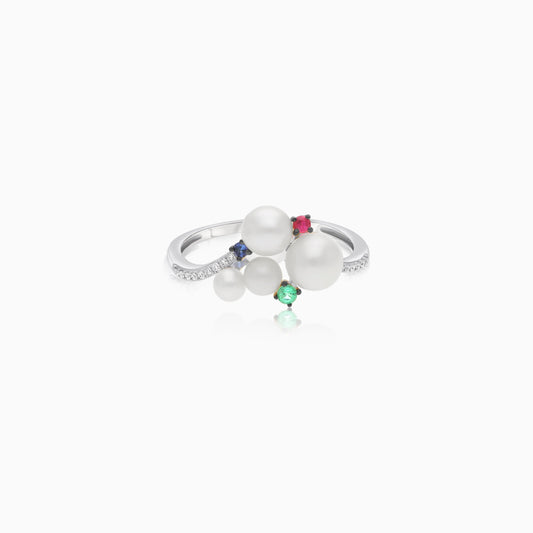 18k white gold ring, half eternity, natural diamonds decorated with pearls and natural emerald,blue sapphire, ruby | danah collection