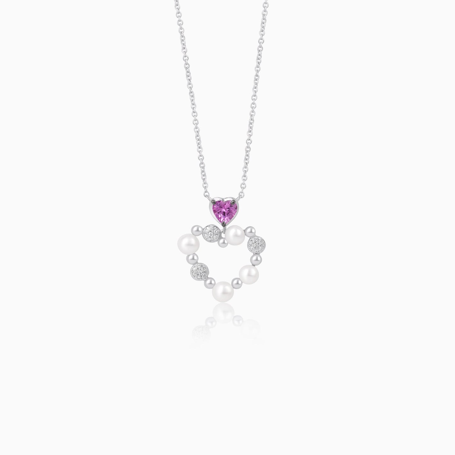 18k White Gold Pearl, Natural Diamond & Pink Sapphire Heart Pendant - Danah Diamond Collection