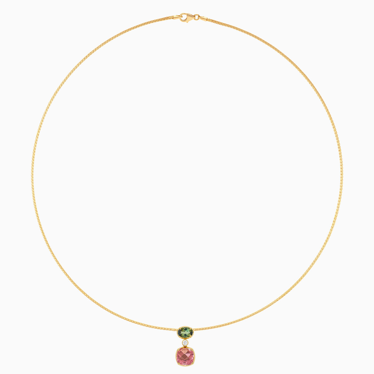 Filo 18k yellow gold choker necklace with natural diamond and green and pink gemstones by Jawhara Jewellery