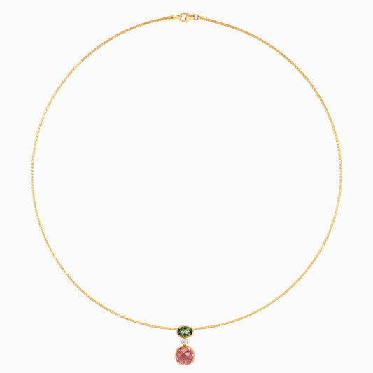 Filo 18k yellow gold choker necklace with natural diamond and green and pink gemstones by Jawhara Jewellery
