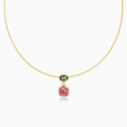 Filo 18k yellow gold choker with natural diamond and green and pink gemstones by Jawhara Jewellery