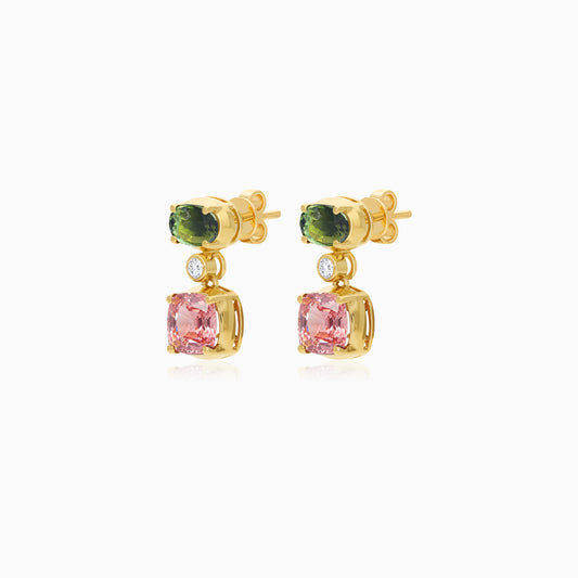 Side view of Filo 18k yellow gold drop earrings with natural diamonds and gemstones by Jawhara Jewellery