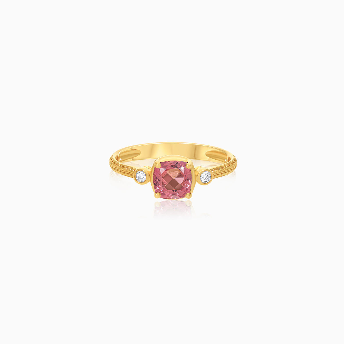 Front view of Filo 18k yellow gold ring with natural diamonds and pink tourmaline gemstone by Jawhara Jewellery