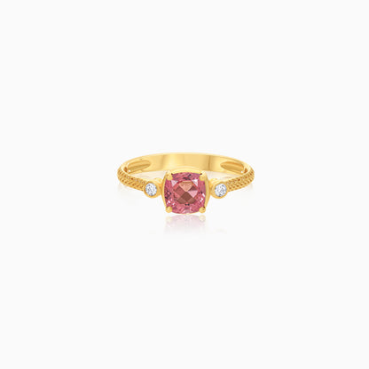 Front view of Filo 18k yellow gold ring with natural diamonds and pink tourmaline gemstone by Jawhara Jewellery