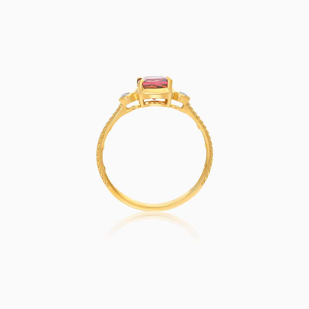 Side view of Filo 18k yellow gold ring with natural diamonds and pink tourmaline gemstone by Jawhara Jewellery