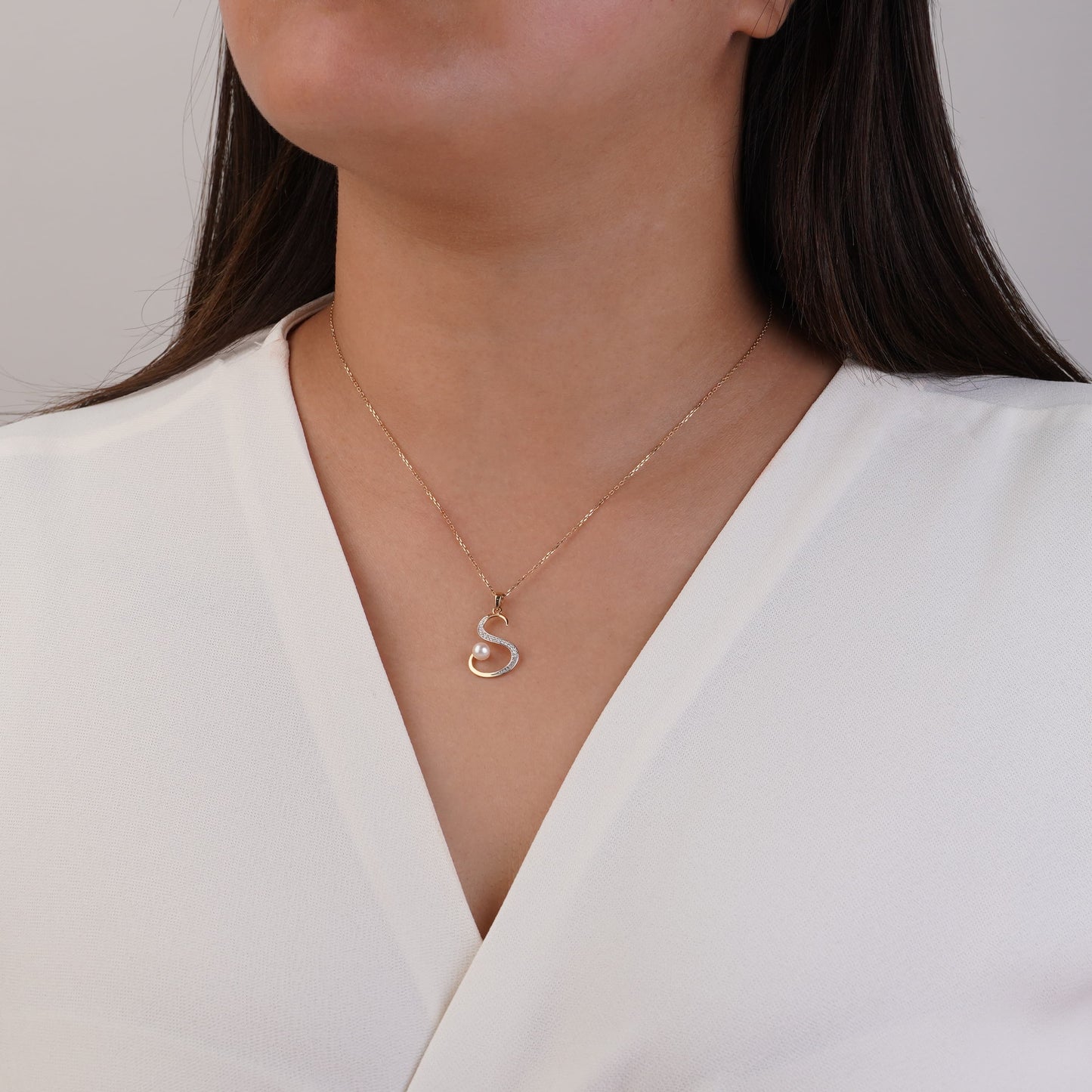 18k Yellow Gold 'S' Letter Necklace With Natural Diamond & Pearl | Alpha Collection
