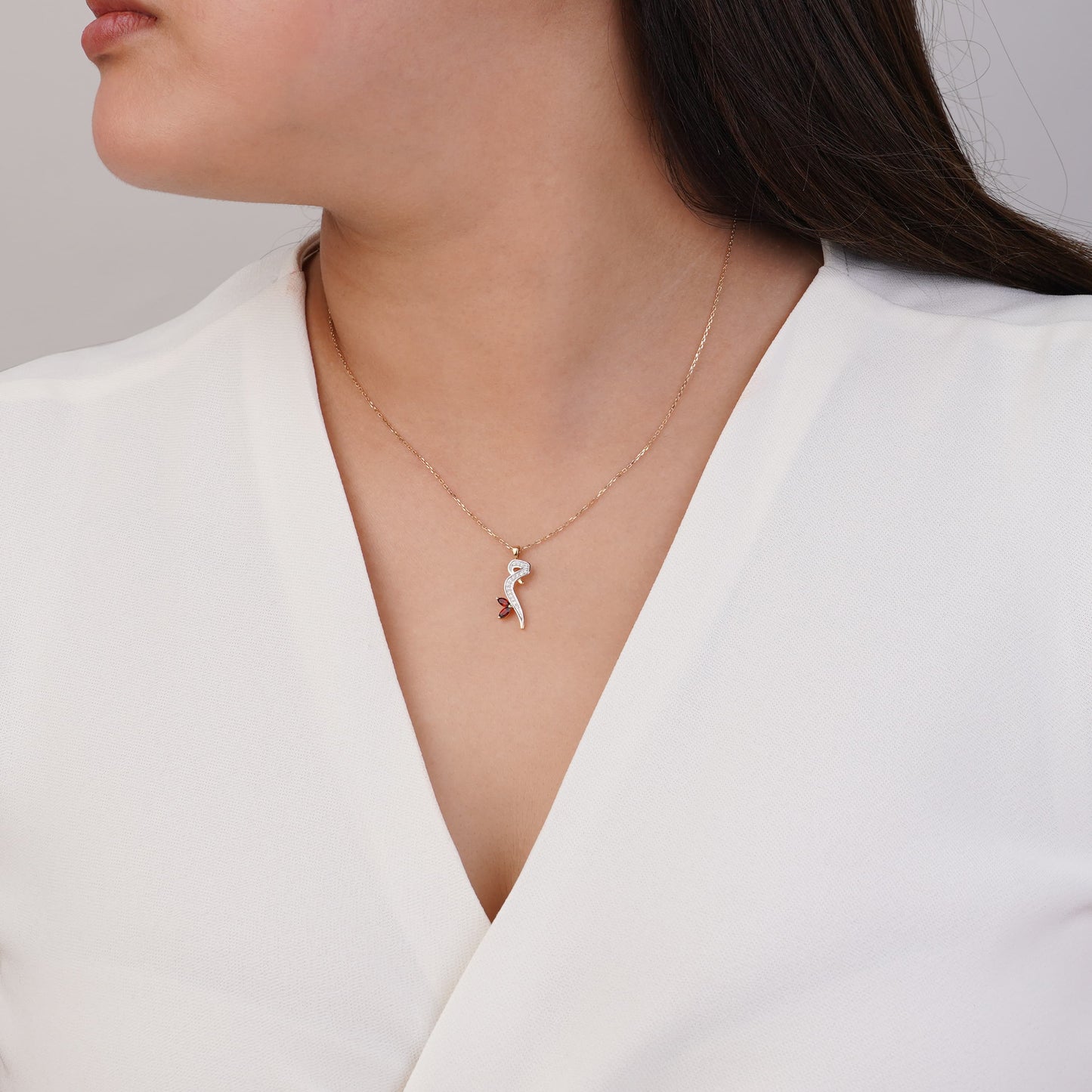18k Yellow Gold Necklace with letter  'Meem' in Arabic Decorated by Natural diamond and Garnet stones