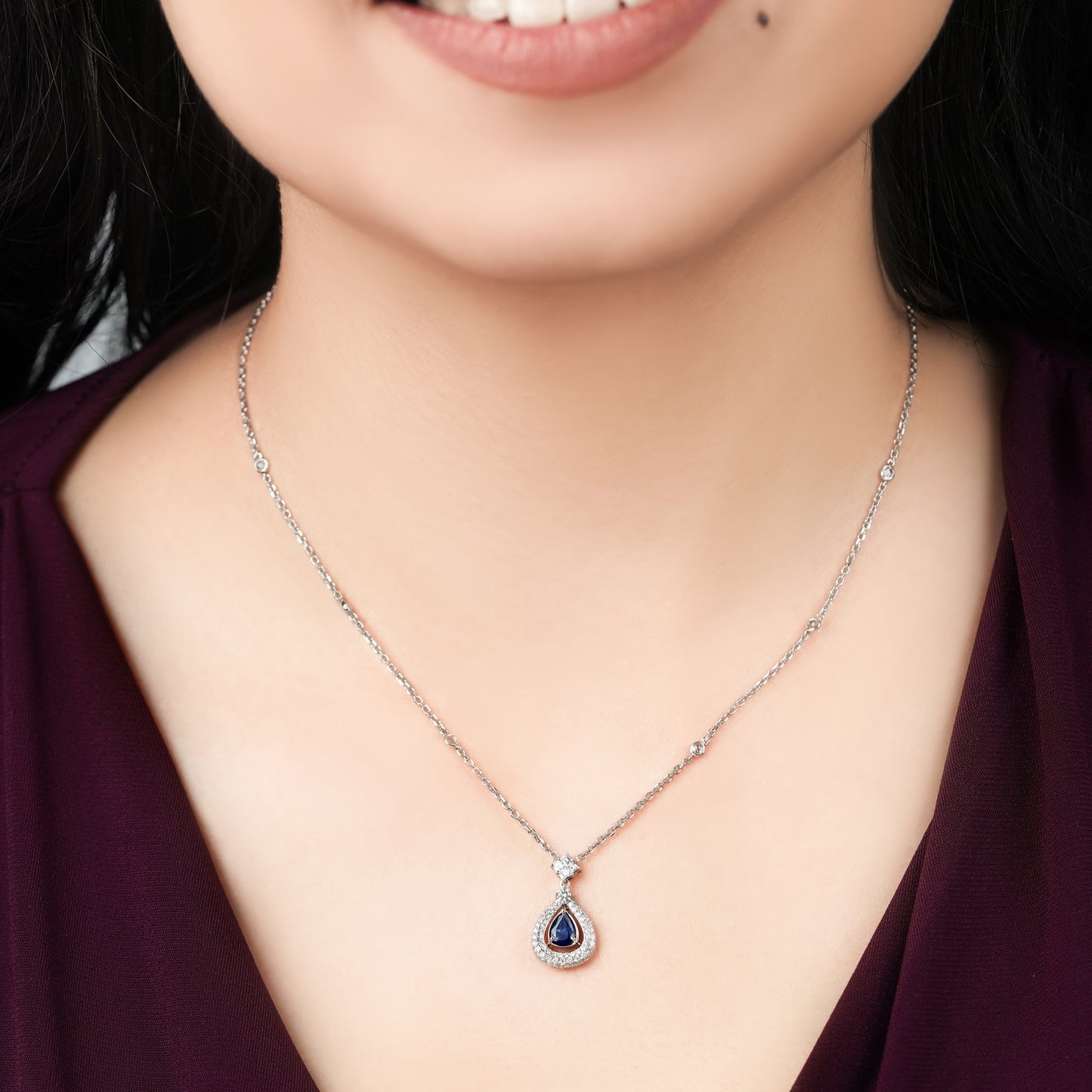 Coloure 18k White Gold Sapphire and Natural Diamond Almond shape Necklace