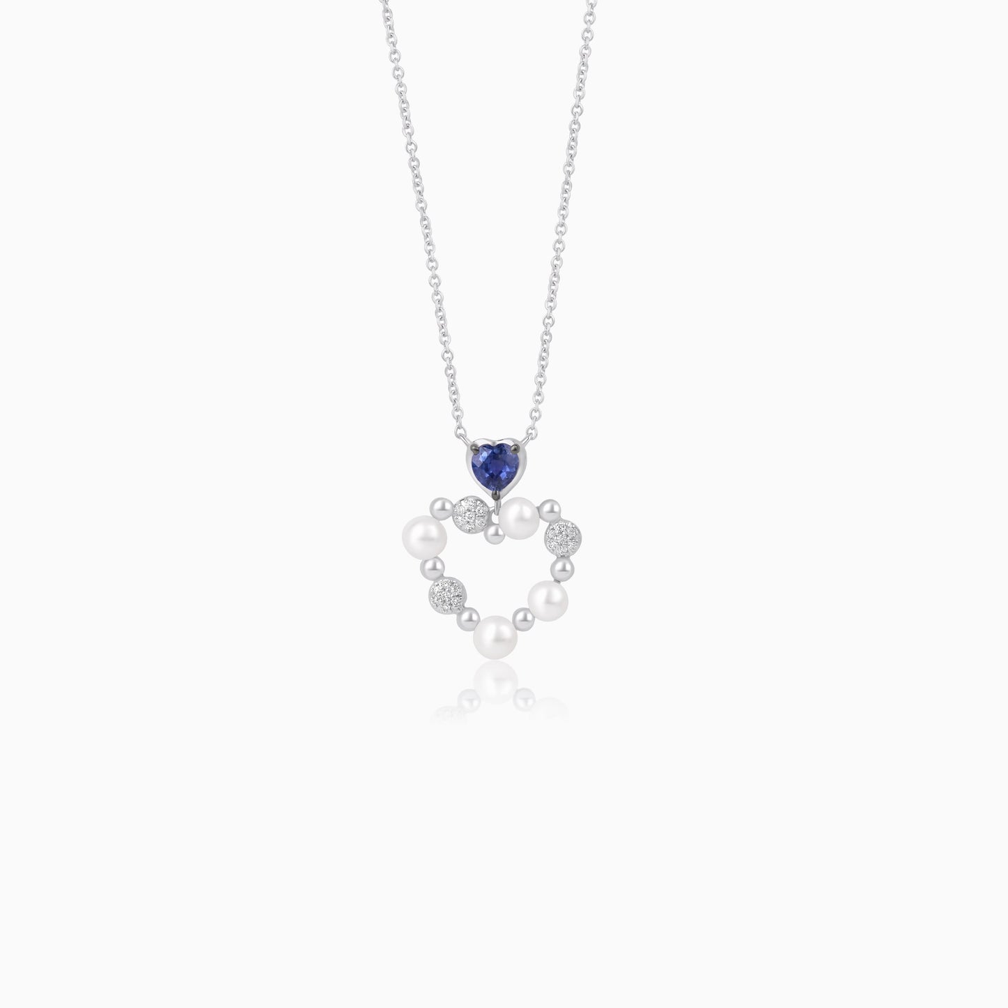 18k white gold Chain with heart-shaped Pendant decorated with pearls, natural diamond and natural blue sapphire stones | danah collection