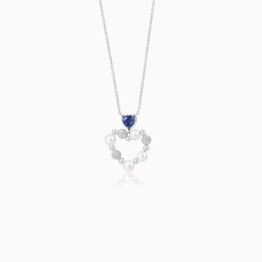 18k white gold Chain with heart-shaped Pendant decorated with pearls, natural diamond and natural blue sapphire stones | danah collection