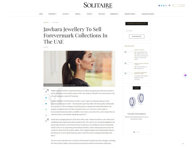 Jawhara Jewellery To Sell Forevermark Collections In The UAE