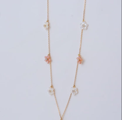 18K Worood Gold Necklace Pink & White Mother of Pearl Flower Design & Zircon Stones