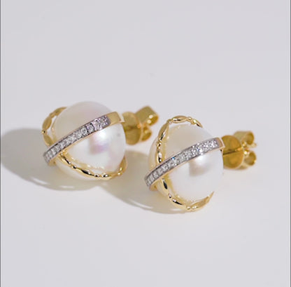 18K Yellow Gold Earrings with Pearl and Natural Diamond | Danah Collection