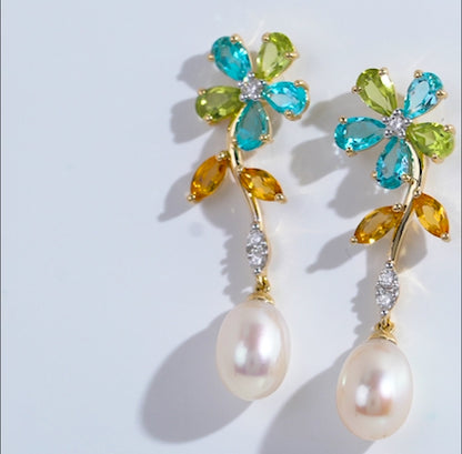 18K Yellow Gold Pearl Earrings with Natural Diamonds and Gemstones | Danah Collection