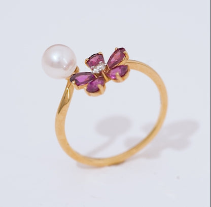 18K Yellow Gold Open Flower Ring with Diamonds, Gemstones & Single Pearl – Danah Collection