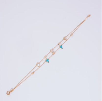 18K Yellow Gold Double-Layer Butterfly Bracelet with Mother of Pearl and Turquoise – Eclat Collection