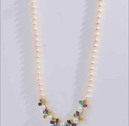 18k Yellow Gold Pearl Necklace with Natural Diamonds and Gemstones | Danah Diamond Collection