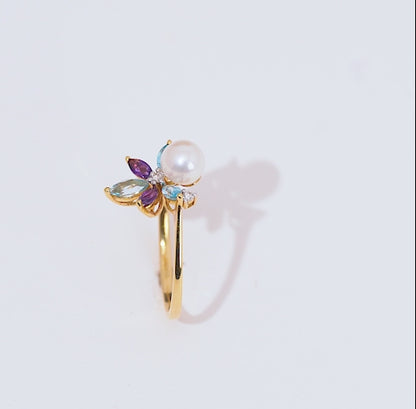 خاتم من الذهب الأصفر عيار 18 قيراطًا مرصع بالألماس والأحجار الكريمة ولؤلؤة واحدة - مجموعة دانا