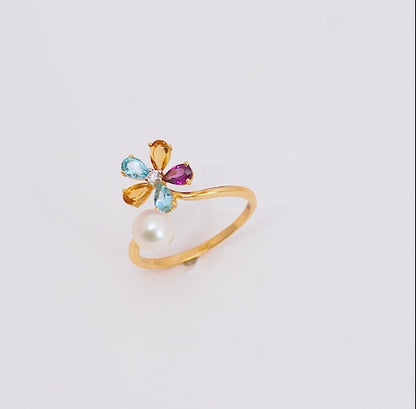 18K Yellow Gold Open Flower Ring with Diamonds, Gemstones & Single Pearl – Danah Collection