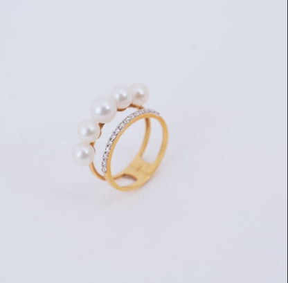 Danah 18K Yellow Gold Double Circle Pearl & Zircon Ring