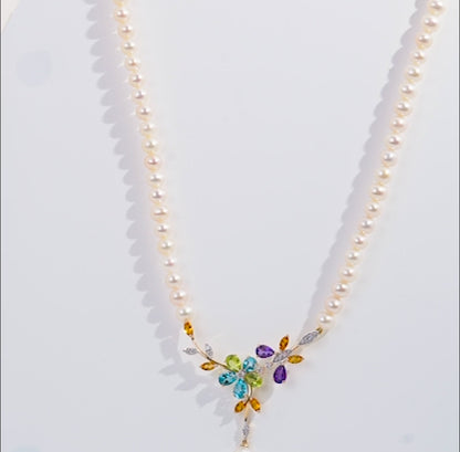 18k Yellow Gold Pearl Necklace with Natural Diamonds and Gemstones | Danah Diamond Collection