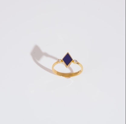 18K Yellow Gold Ring with Dark Blue Enamel & Natural Diamonds | Alwan Collection