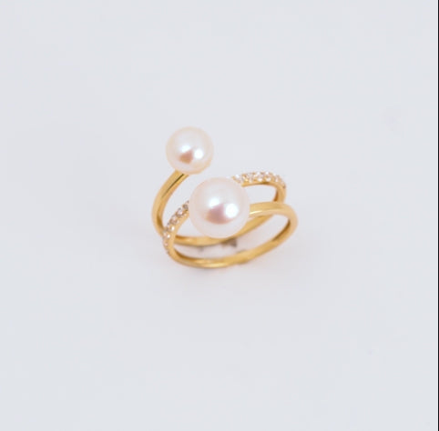 18K Yellow Gold Spiral Pearl Ring with Zircon | Danah Collection