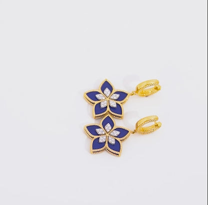 18K Yellow Gold Floral Earrings with Diamonds and Lapis Lazuli - Fortuna Diamond Collection