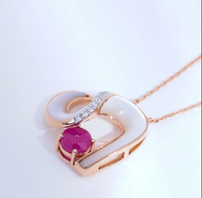 18K Rose Gold Necklace with Mother of Pearl, Natural Diamonds, and Ruby Stones