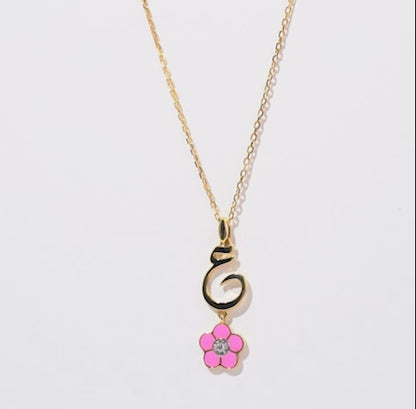 18K Gold Kids Necklace with Letter 'Ain' & Pink Butterfly | Horoufi Kids Collection