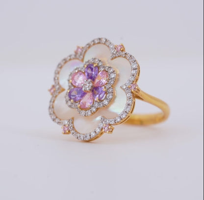 18K Yellow Gold Floral Ring with Mother of Pearl & Multi-Color Zircon – Danah