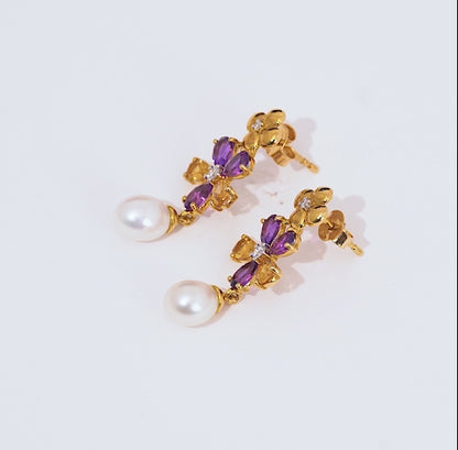 18K Yellow Gold Flower-Shaped Earrings with Dangling Diamonds, Gemstones & Pearls – Danah Collection