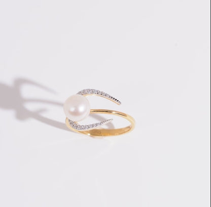 Elegant Pearl & Zircon Ring in 18k Yellow Gold | Danah Collection