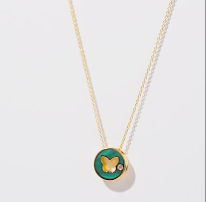 18K YELLOW GOLD NECKLACE BUTTERFLY SHAPED DECORATED BY NATURAL DIAMOND STONES AND MALACHITE FOR KIDS