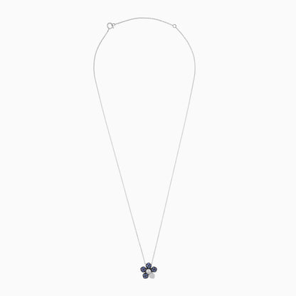 18k white gold chain with a flower shape pendant decorated with natural diamond, sapphire stones and single pearl in the center